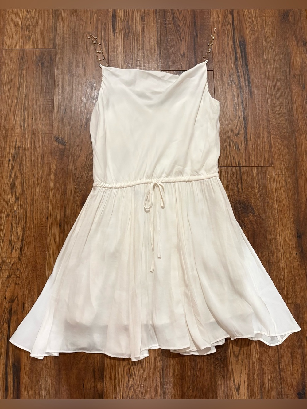Mustard Seed White Chiffon Dress with Thin Beaded Pearl Straps Size L